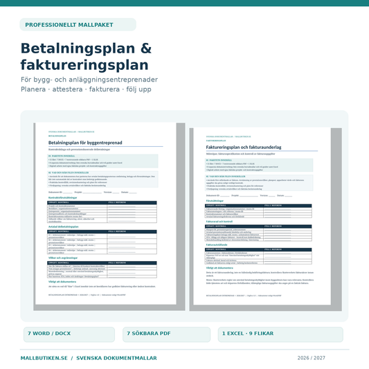 Betalningsplan och faktureringsplan entreprenad 2026 2027 Word PDF Excel