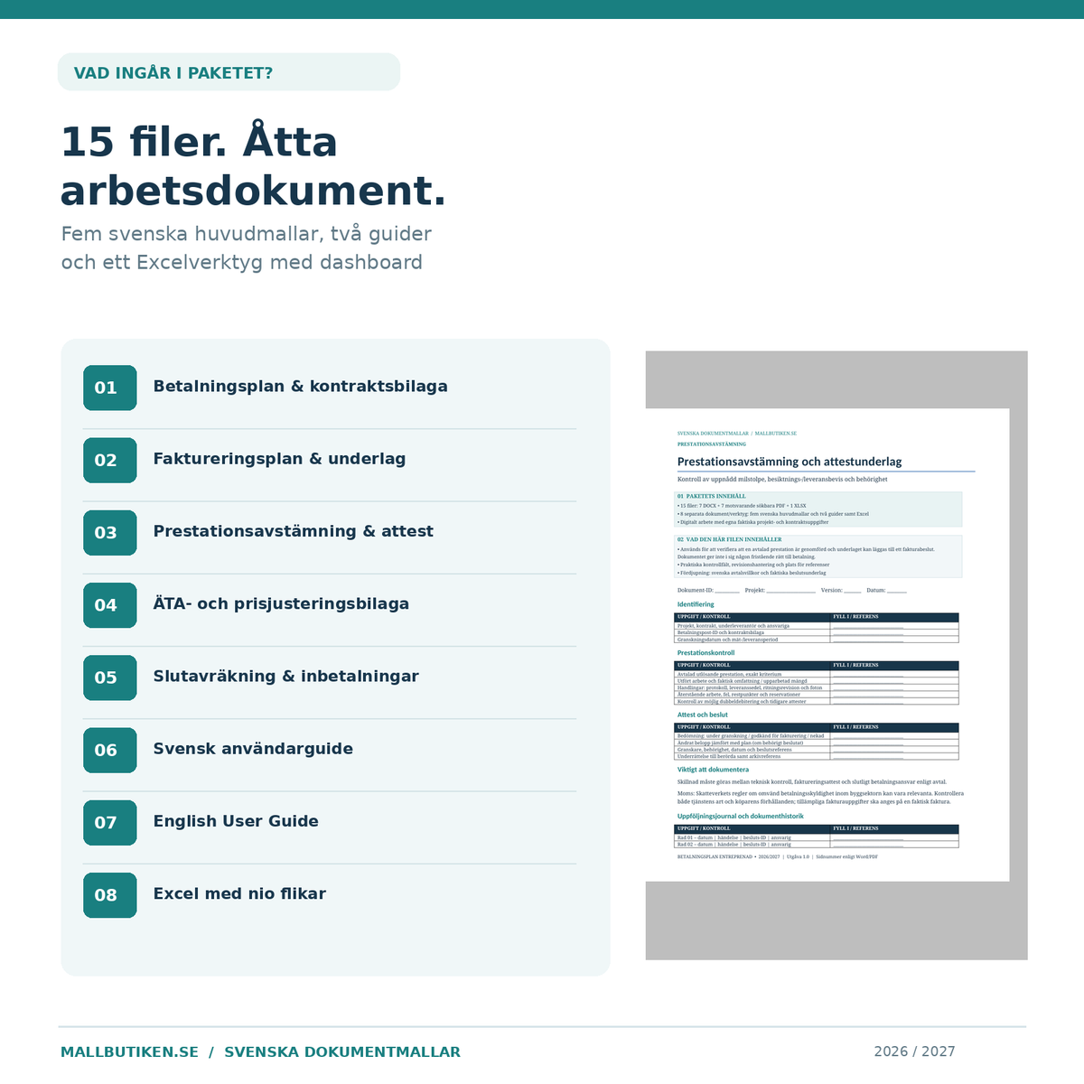 Betalningsplan paketets innehåll och vad filerna innehåller fil för fil