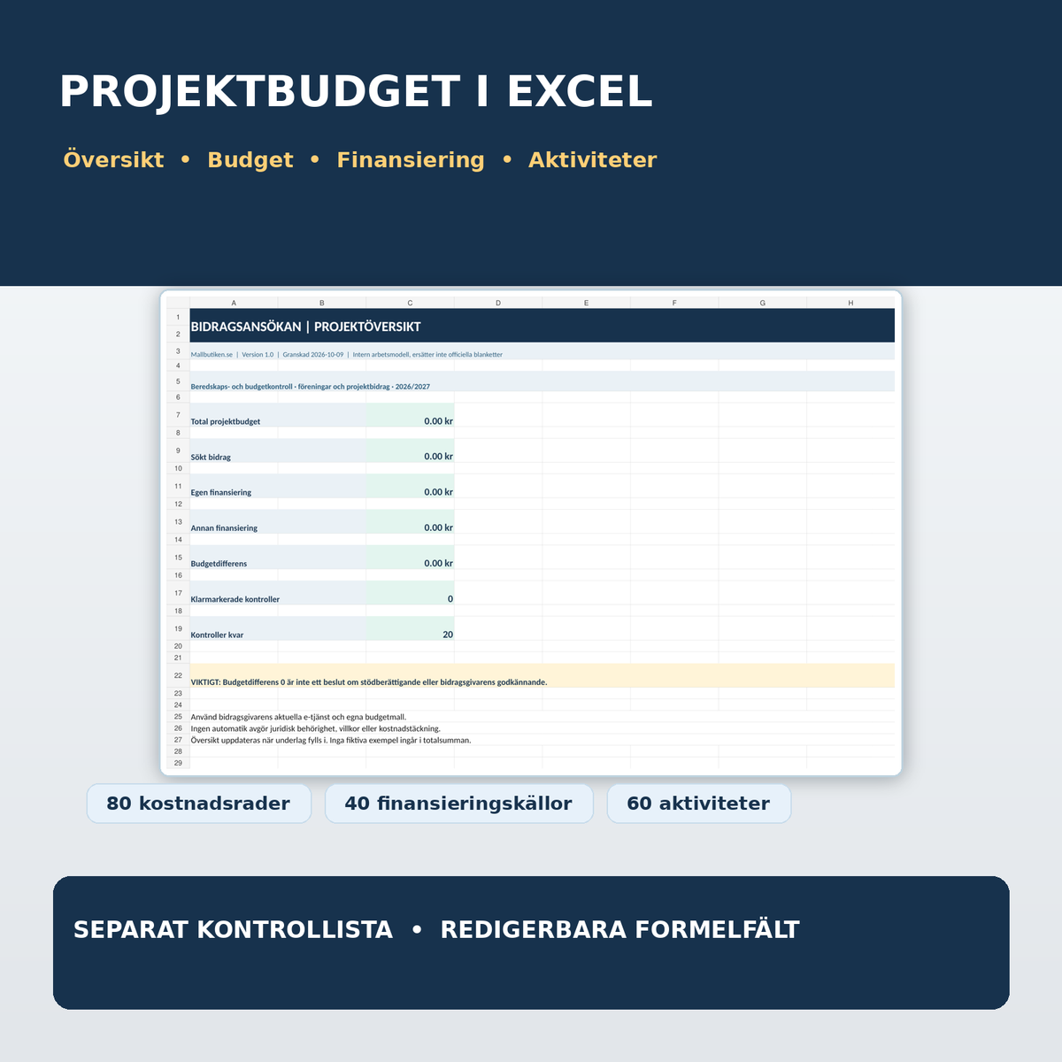Excelprojektbudget och finansiering föreningsbidrag med dashboard och kontrollista