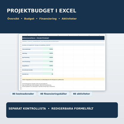 Excelprojektbudget och finansiering föreningsbidrag med dashboard och kontrollista