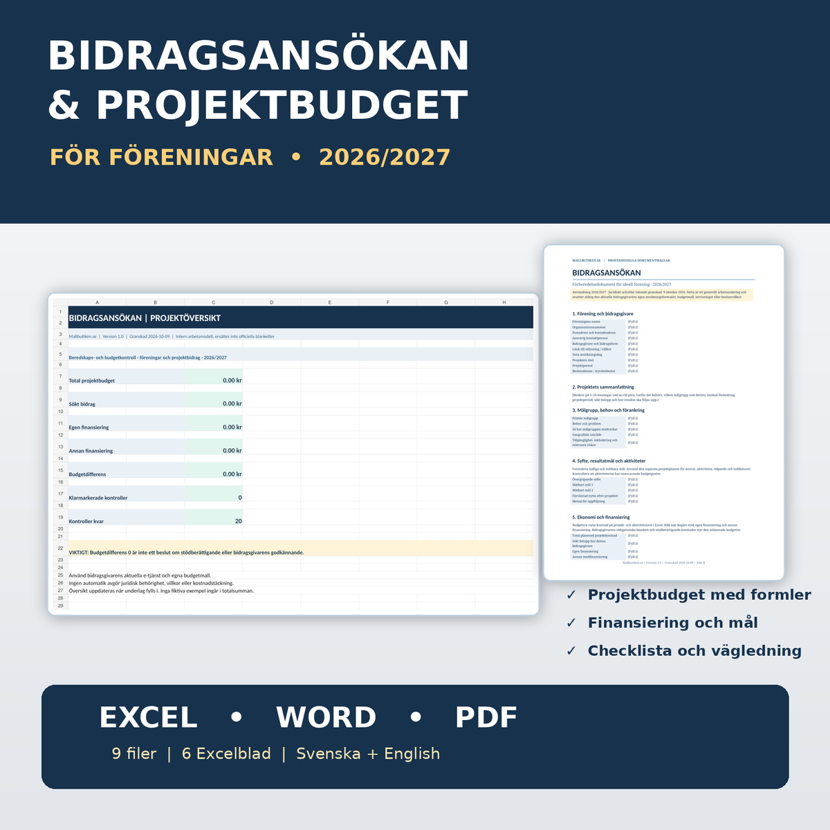 Bidragsansökan och projektbudget för föreningar 2026 2027 Excel Word PDF