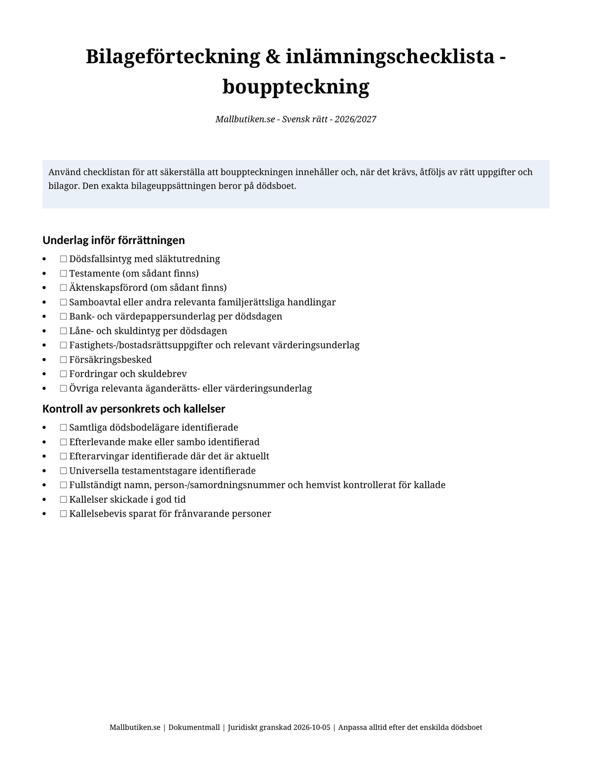 Bilageförteckning och inlämningschecklista bouppteckning 2026/2027