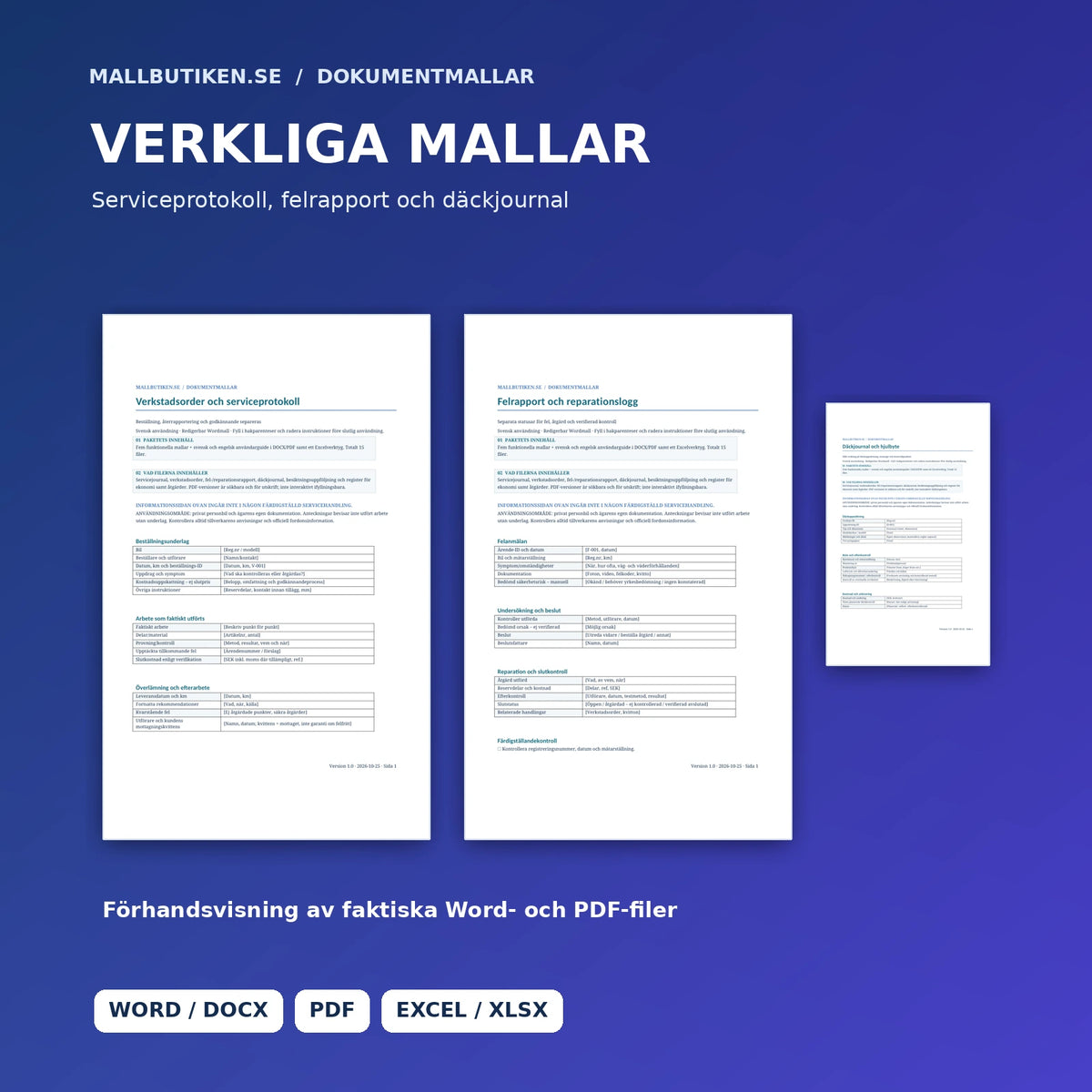 Förhandsvisning av serviceprotokoll, felrapport och däckjournal i Bilens servicejournal