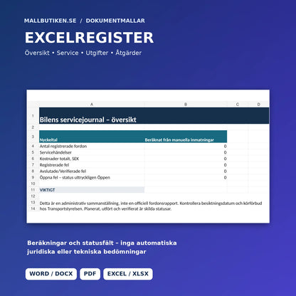 Excelöversikt för bilens servicehändelser, kostnader och feluppföljning