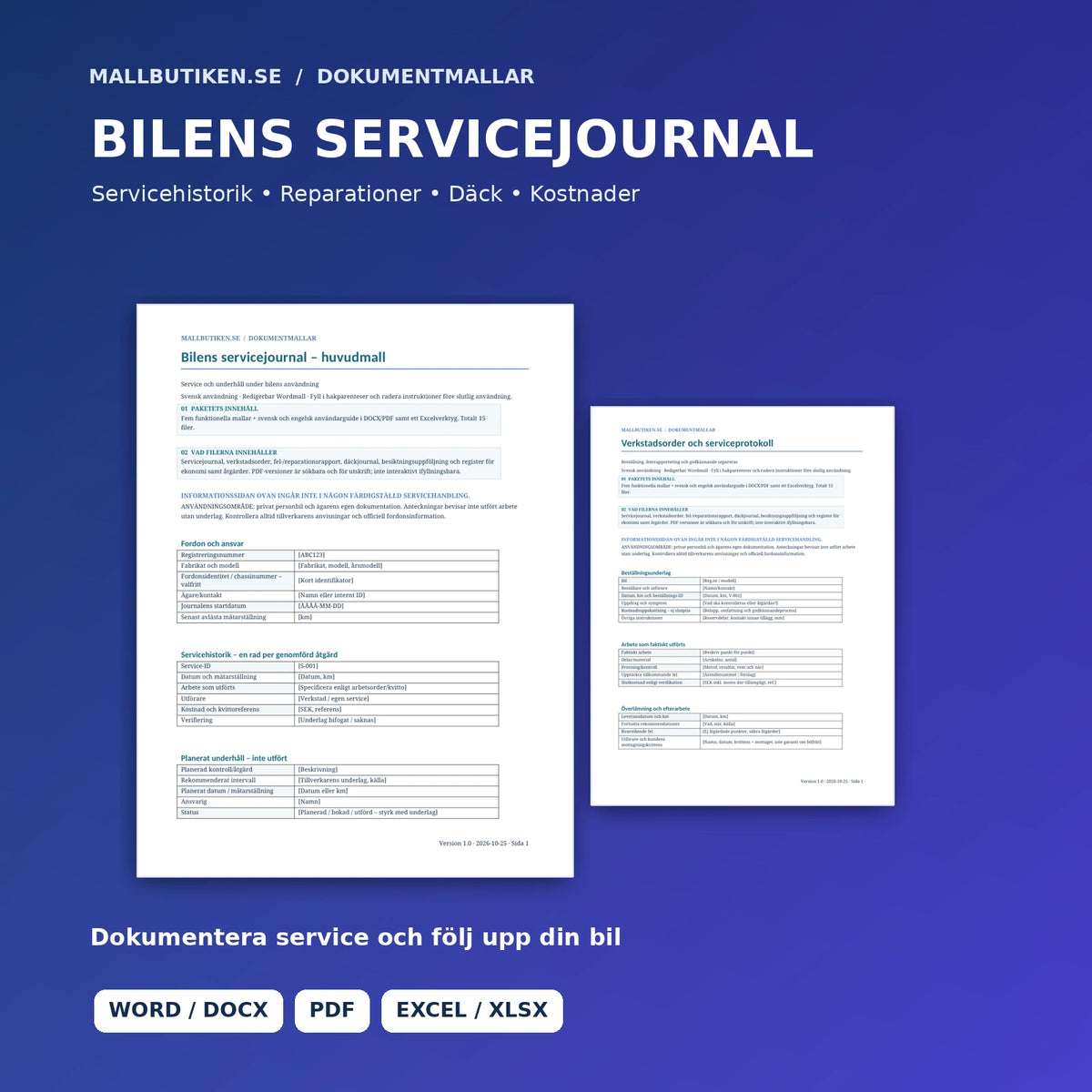 Bilens servicejournal och underhållsregister – huvudbild med verklig mallförhandsvisning i Word och PDF
