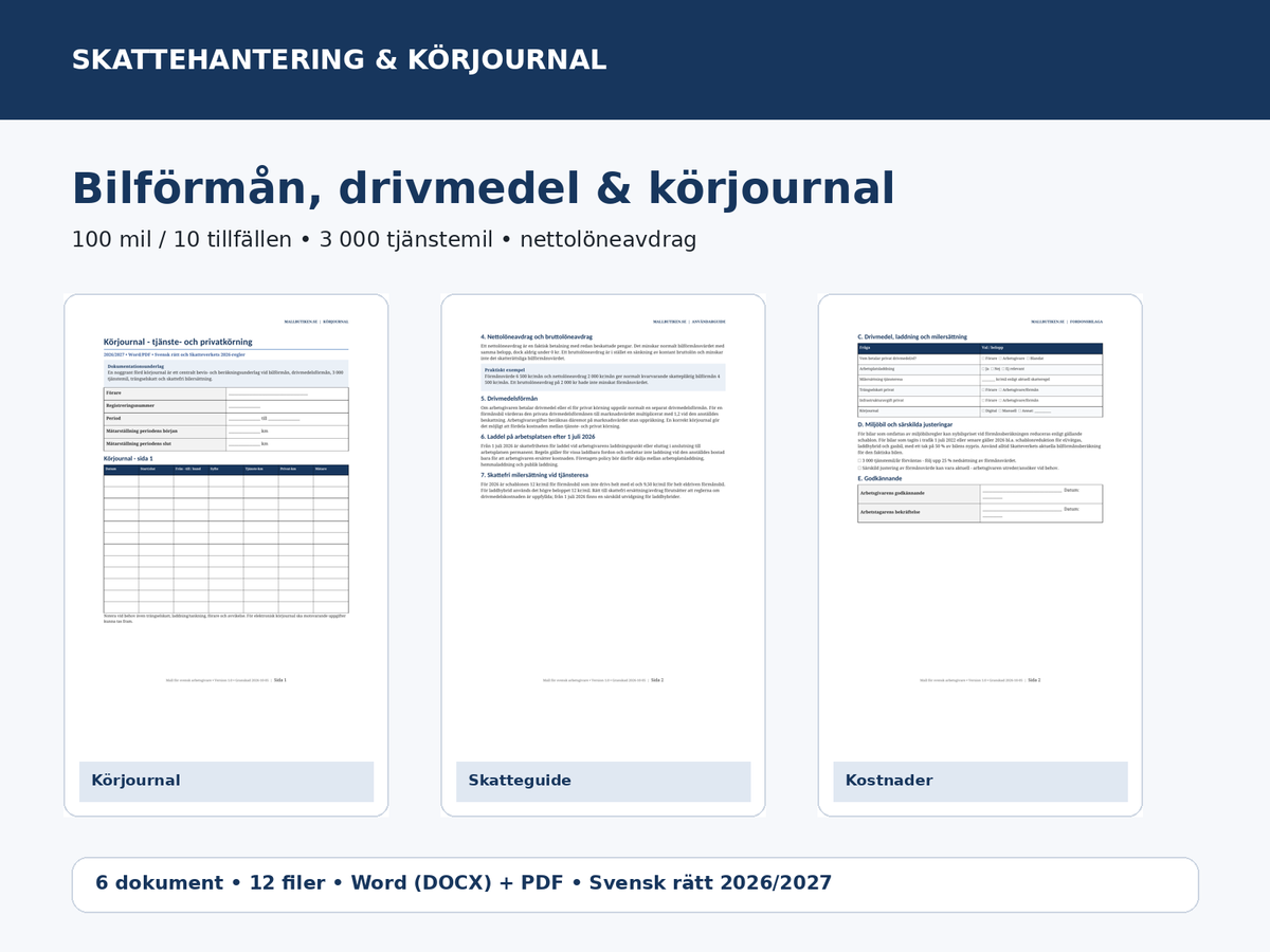 Bilförmån körjournal och skatteguide 2026/2027 – mall för tjänstebil och förmånsbil