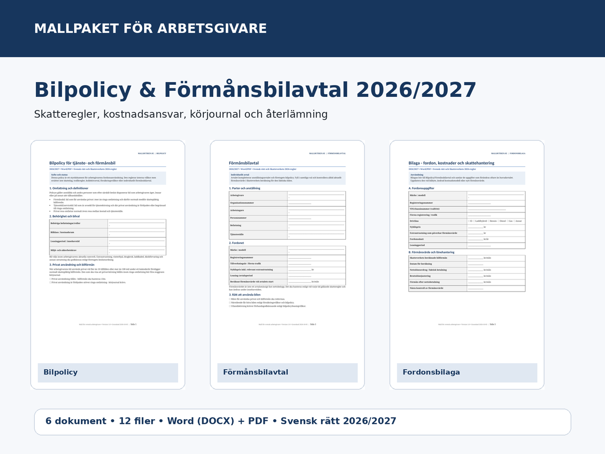 Bilpolicy och förmånsbilavtal 2026/2027 – Word PDF mallpaket för arbetsgivare