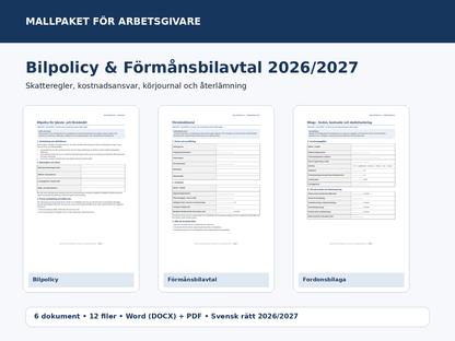Bilpolicy och förmånsbilavtal 2026/2027 – Word PDF mallpaket för arbetsgivare