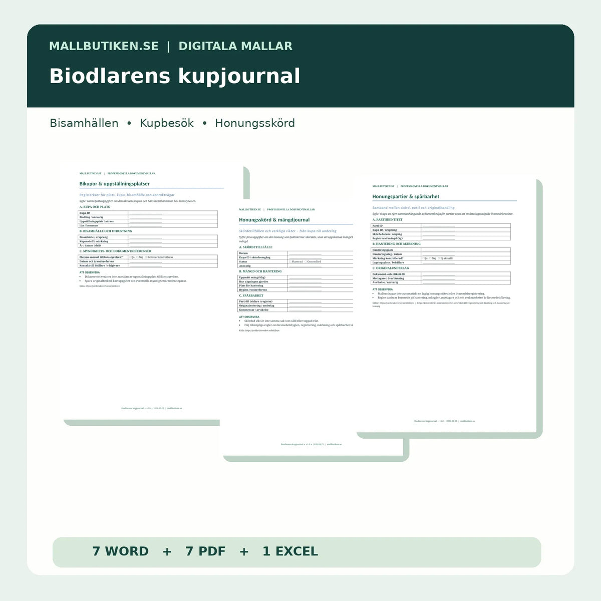 Biodlarens kupjournal – förhandsvisningar av Word- och PDF-mallar för kupbesök och skörd