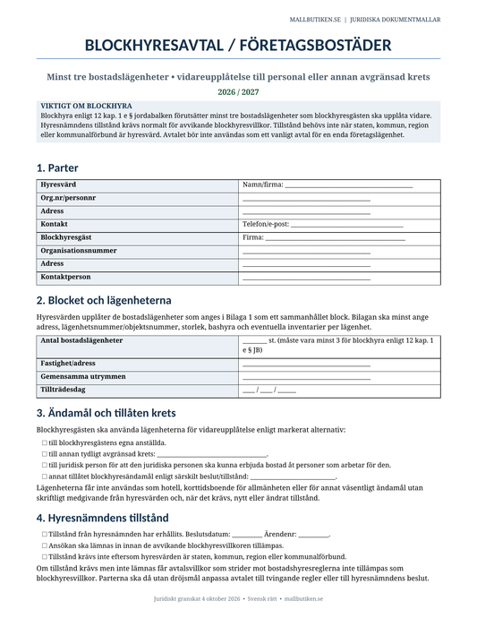 Blockhyresavtal företagsbostad svensk mall Word PDF