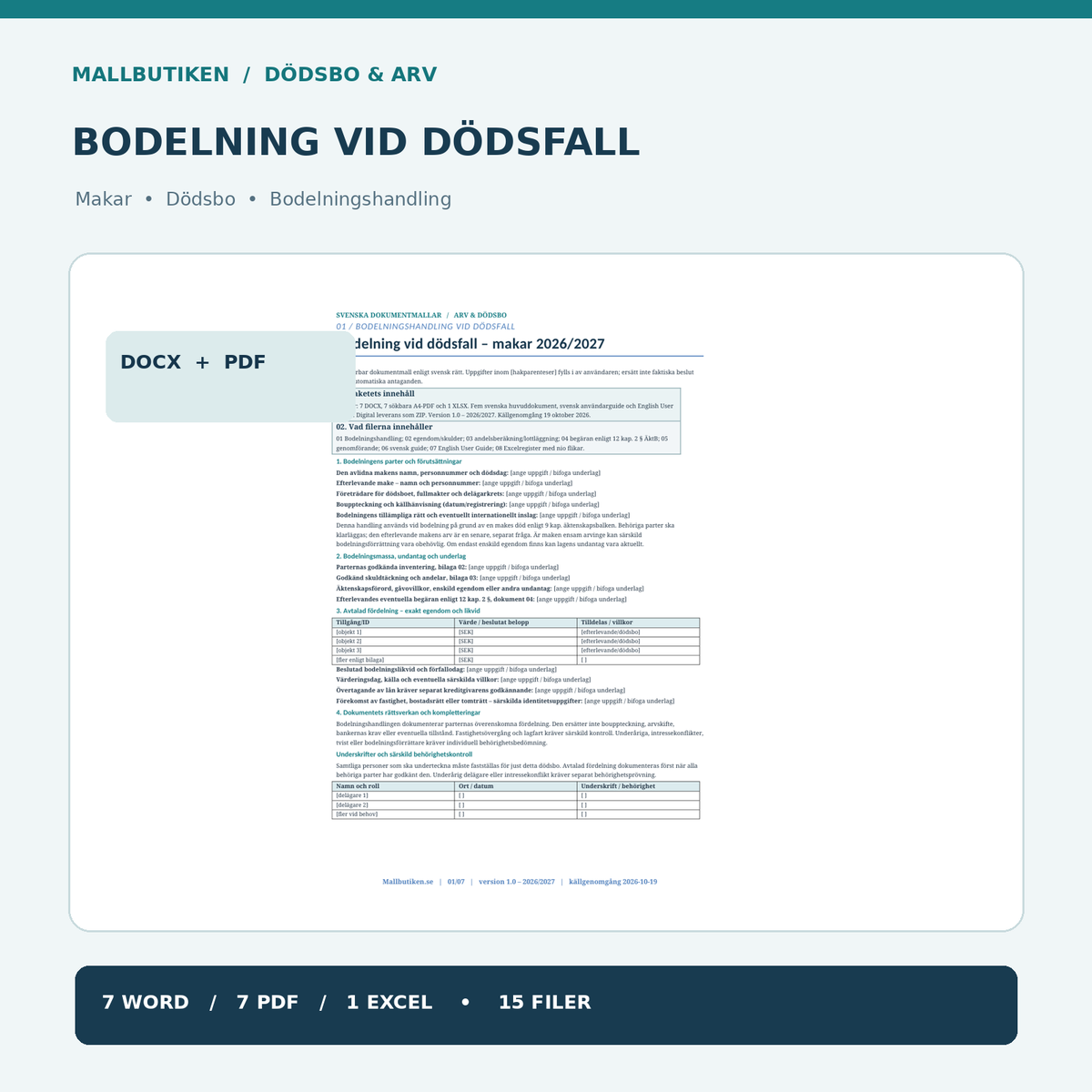 Bodelning vid dödsfall makar 2027 – Word PDF Excel huvudhandling