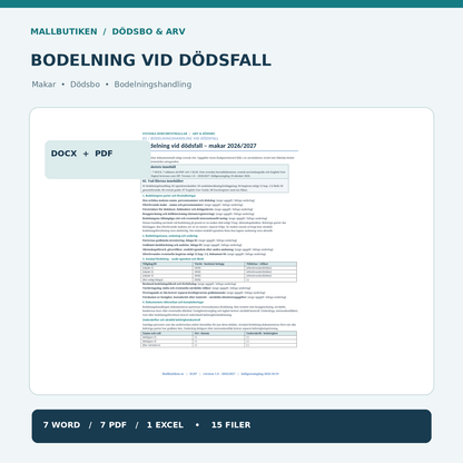 Bodelning vid dödsfall makar 2027 – Word PDF Excel huvudhandling