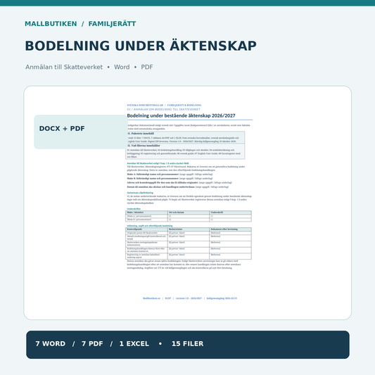 Bodelning under pågående äktenskap – anmälan till Skatteverket, Word PDF Excel