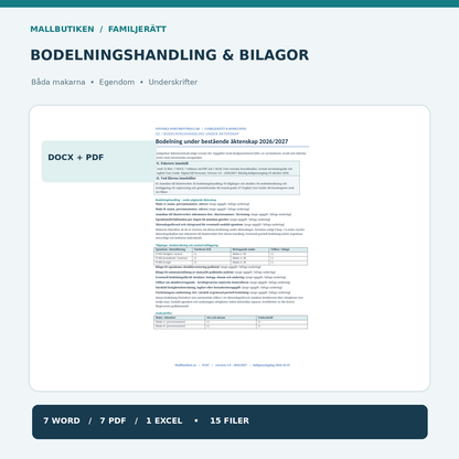 Bodelningshandling mellan makar – verklig förhandsvisning Word och PDF