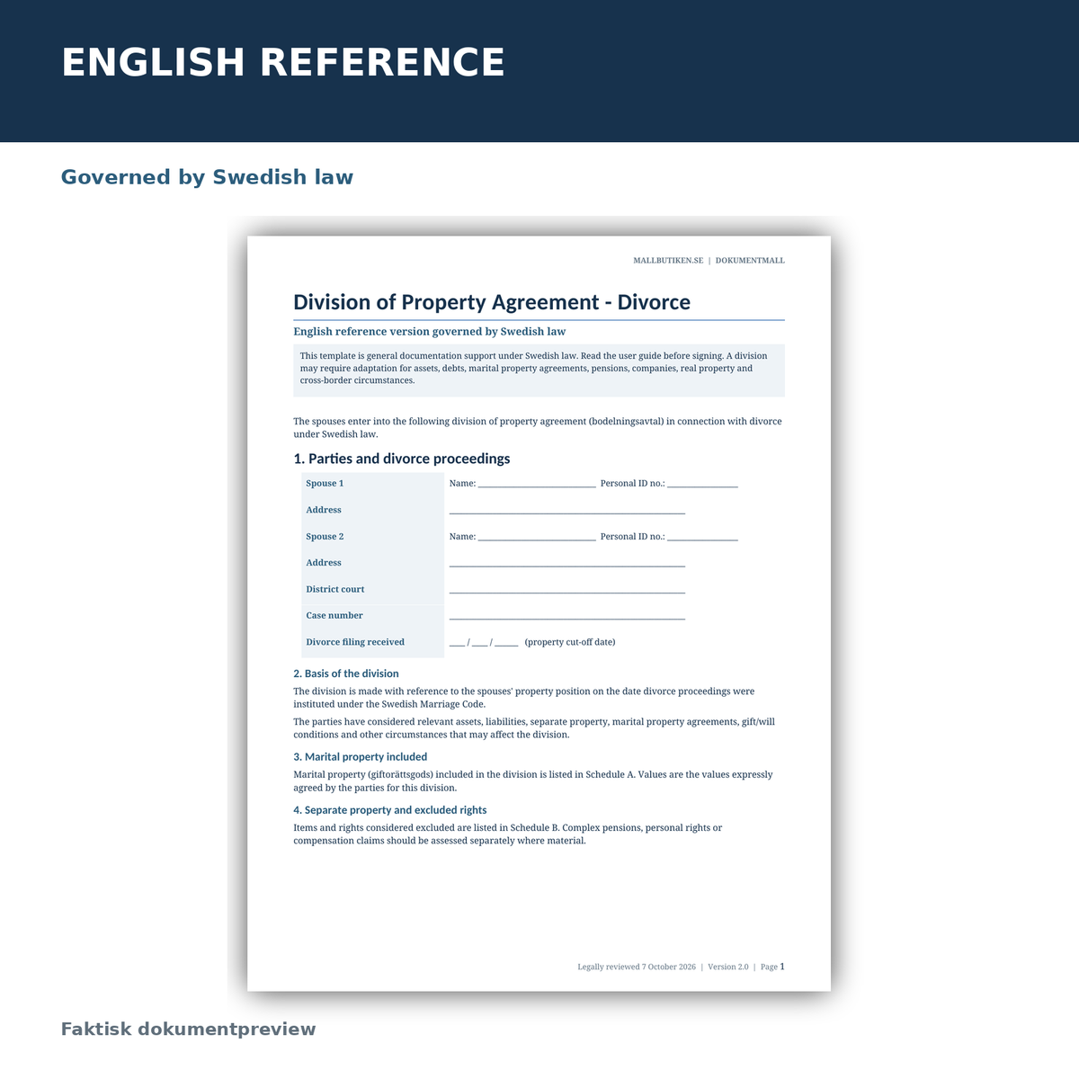 English reference version of Swedish divorce division of property agreement