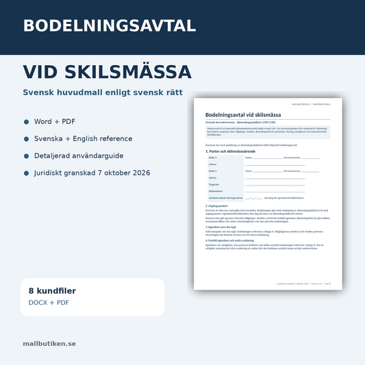 Bodelningsavtal vid skilsmässa – svensk Word och PDF mall med guide