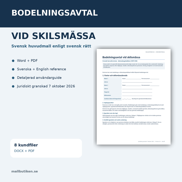 Bodelningsavtal vid skilsmässa – svensk Word och PDF mall med guide