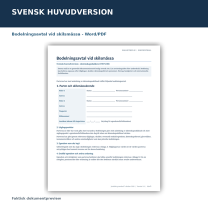 Förhandsvisning av svensk huvudmall för bodelningsavtal vid skilsmässa