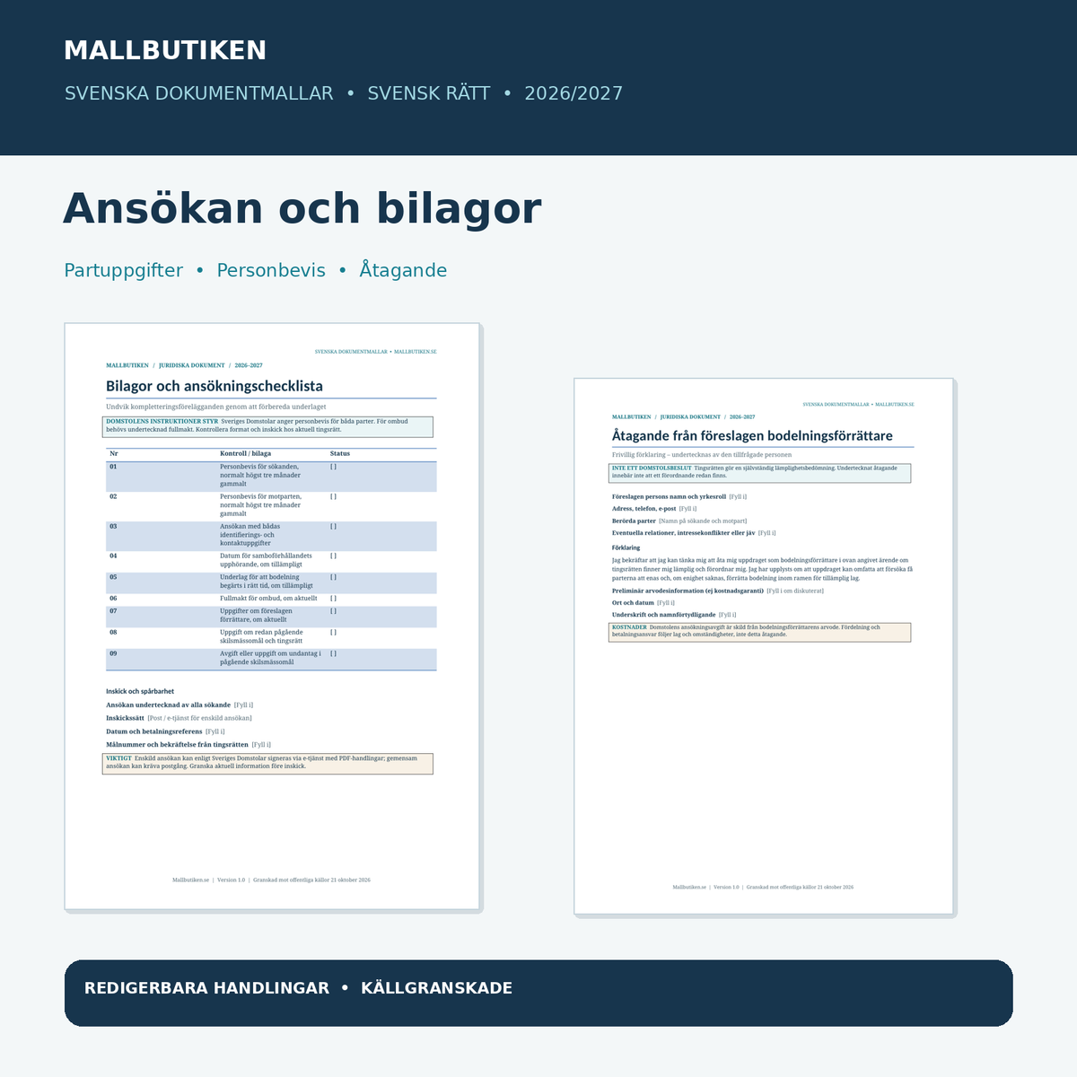 Bodelningsförrättare tingsrätt ansökan med personbevis, bilagechecklista och åtagande – dokumentutdrag