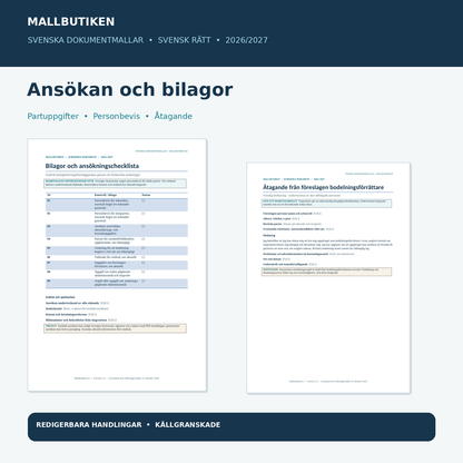 Bodelningsförrättare tingsrätt ansökan med personbevis, bilagechecklista och åtagande – dokumentutdrag