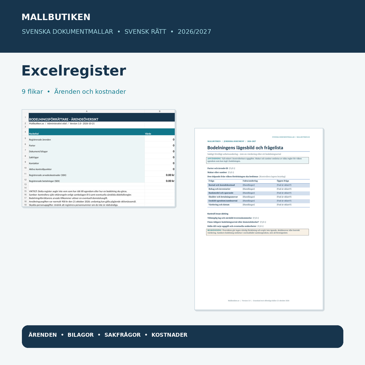 Excelregister med nio flikar för bodelningsförrättare, administrativa ärenden, bilagor och kostnader