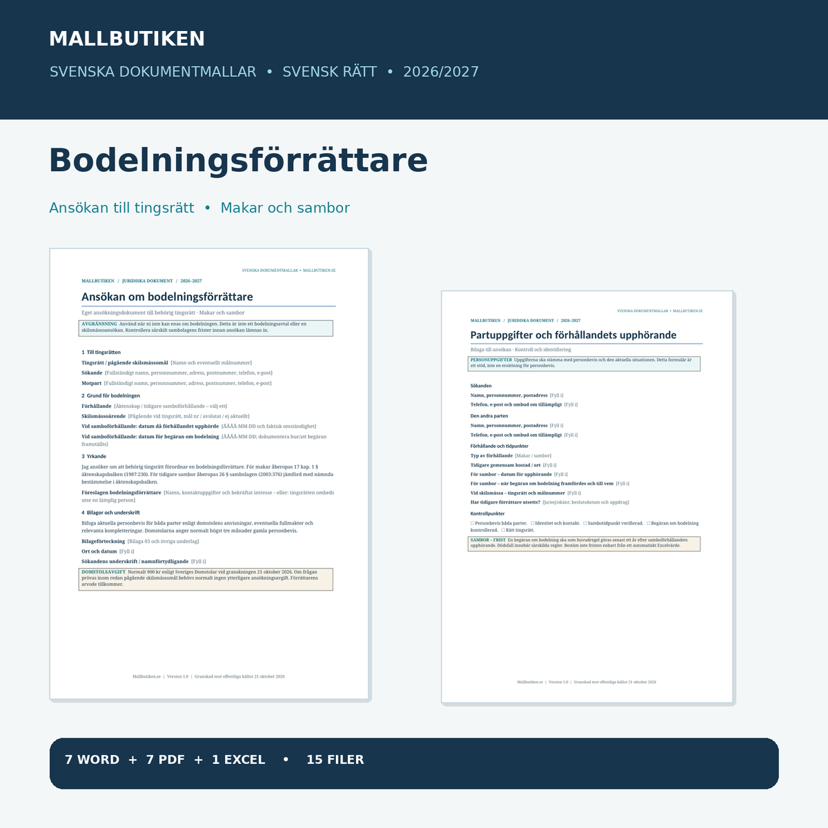 Ansökan om bodelningsförrättare för makar och sambor – förhandsvisning av verkliga juridiska Word PDF mallar