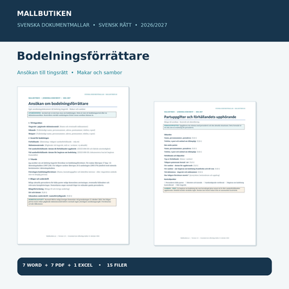 Ansökan om bodelningsförrättare för makar och sambor – förhandsvisning av verkliga juridiska Word PDF mallar