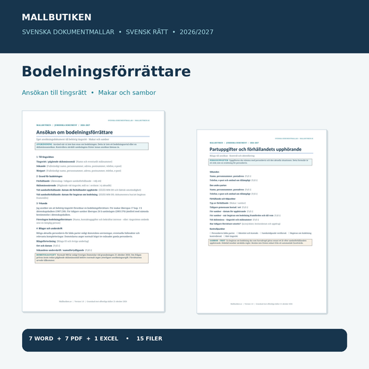 Ansökan om bodelningsförrättare för makar och sambor – förhandsvisning av verkliga juridiska Word PDF mallar