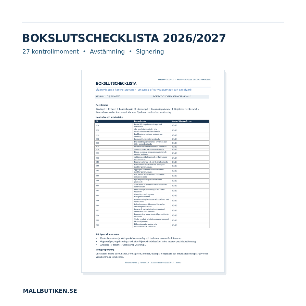 Bokslutschecklista Word PDF med 27 kontrollpunkter för svenskt bokslutsarbete