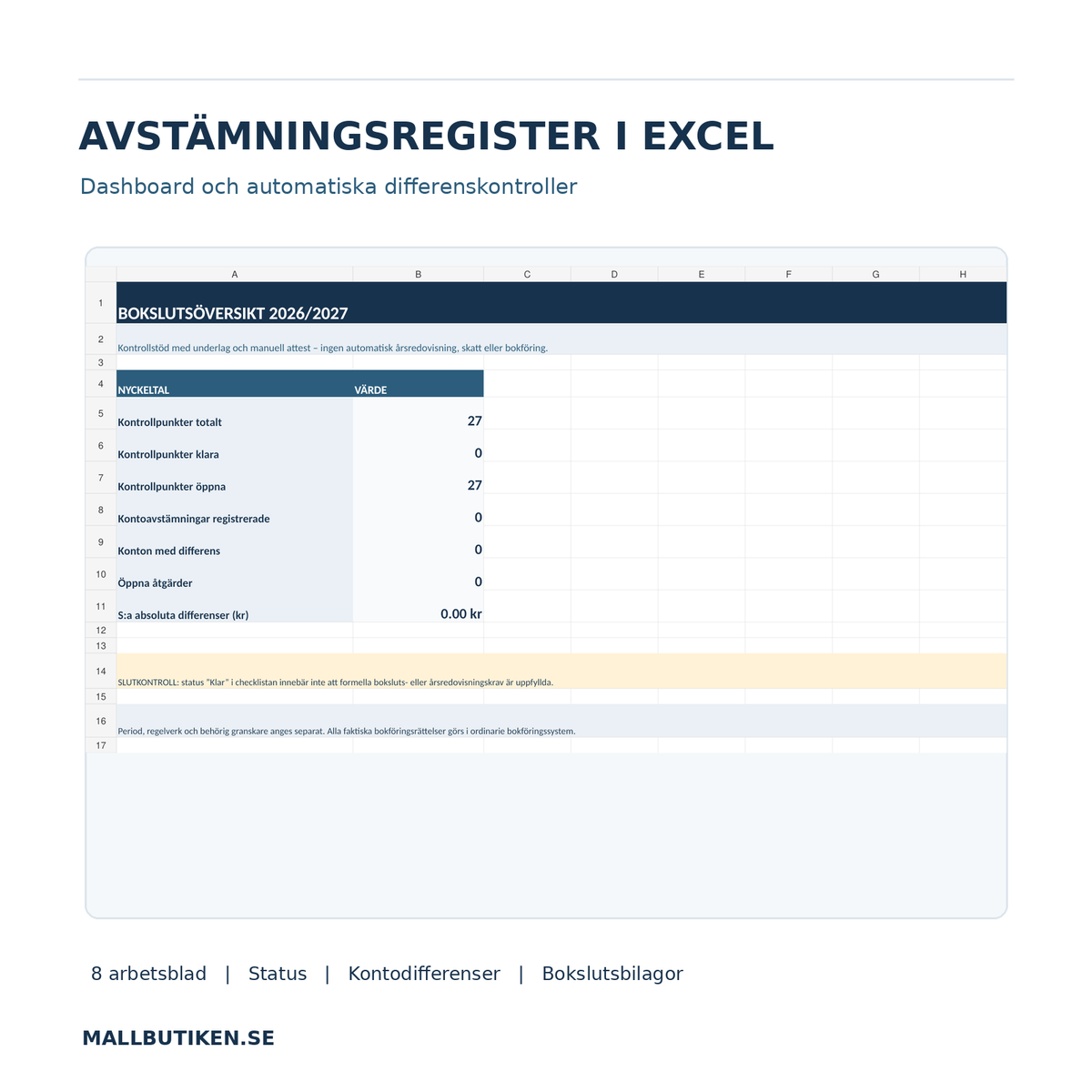 Excel bokslutsregister med dashboard balansavstämning bokslutsbilagor och uppföljning