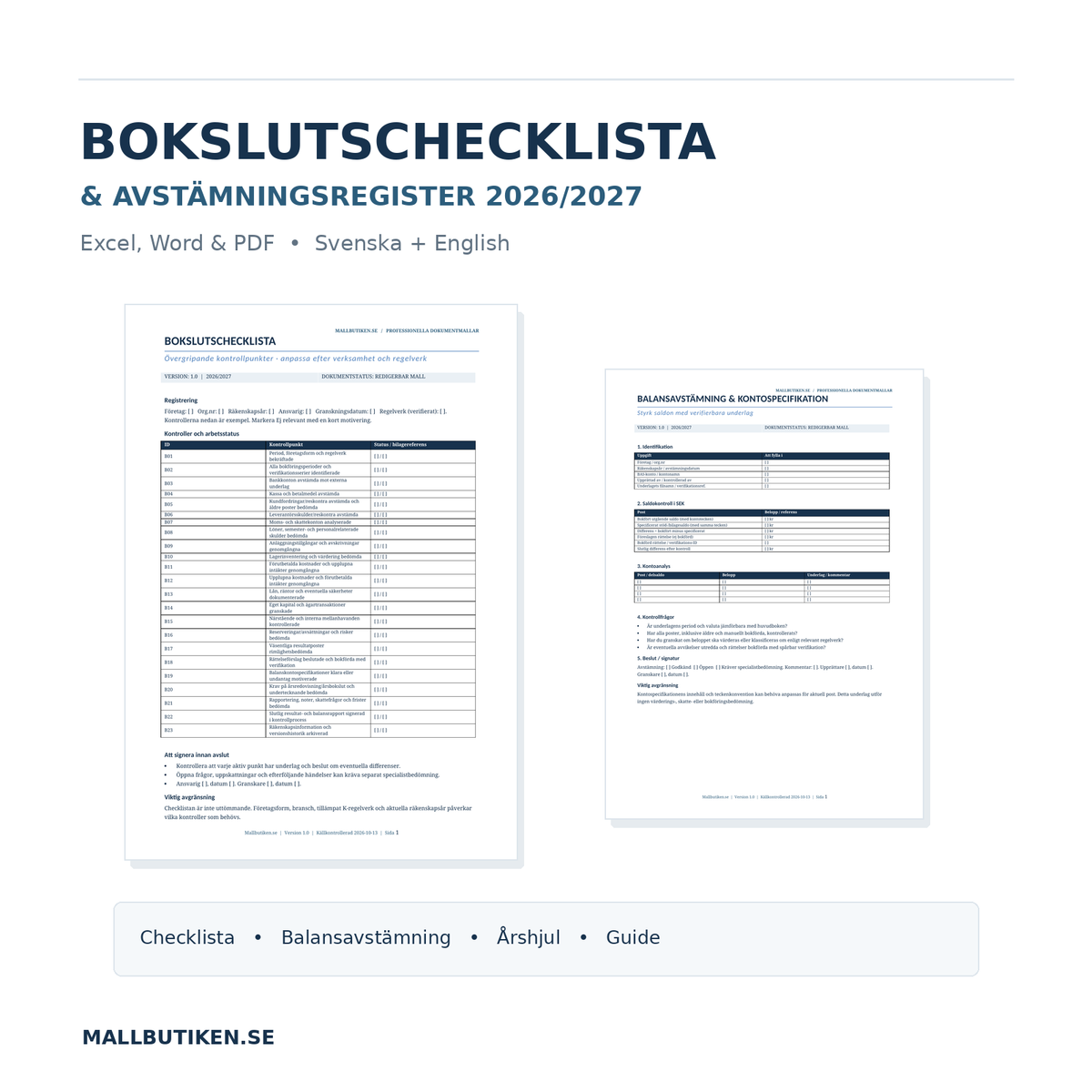 Bokslutschecklista och avstämningsregister 2026 2027 paket Word PDF Excel
