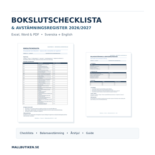 Bokslutschecklista och avstämningsregister 2026 2027 paket Word PDF Excel