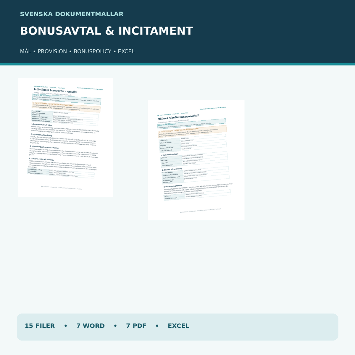 Bonusavtal och incitamentsprogram 2027 – Word PDF Excel med riktiga dokumentvyer