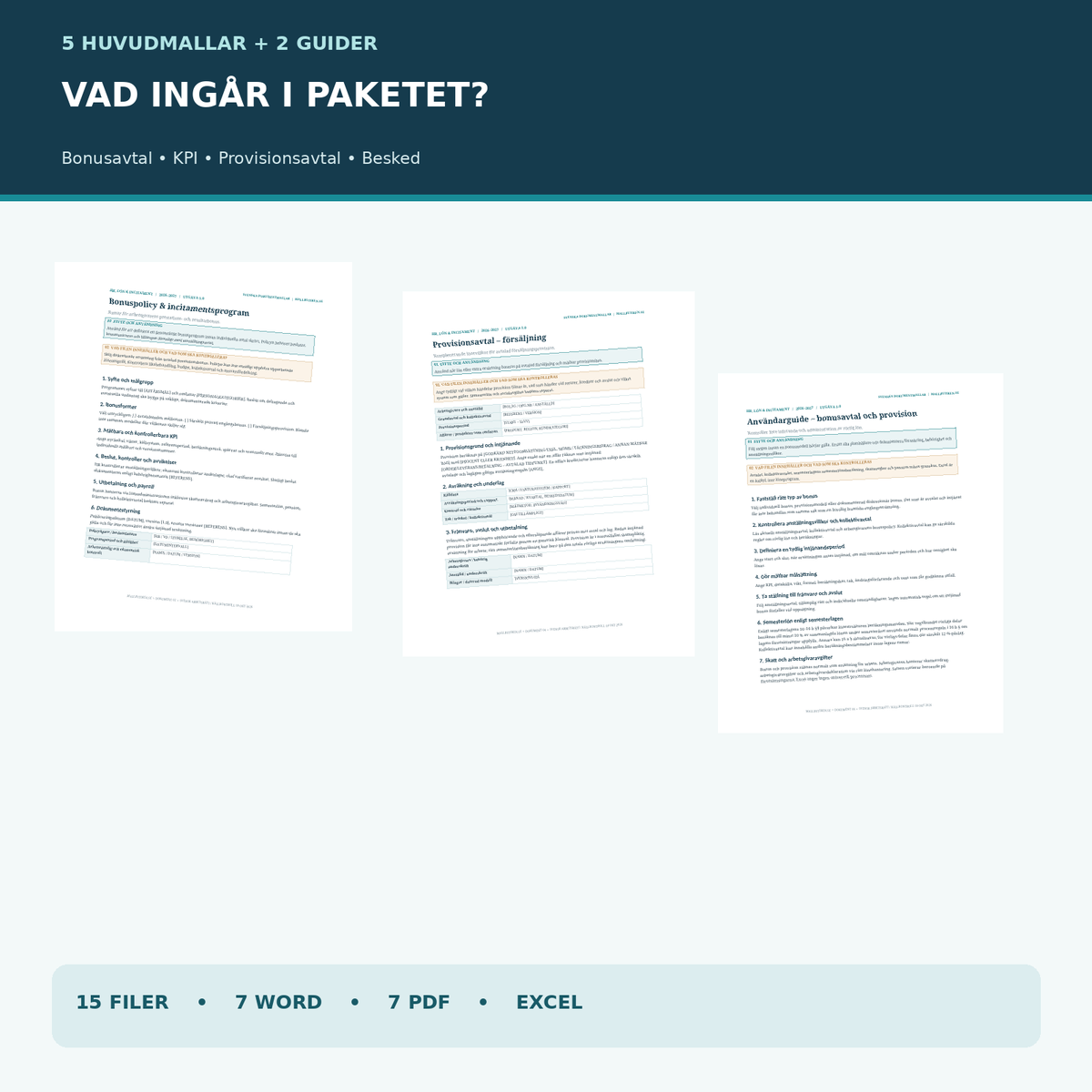 Innehåll bonusavtal: individuellt bonusavtal, bonuspolicy, KPI-målkort, provisionsavtal och guider