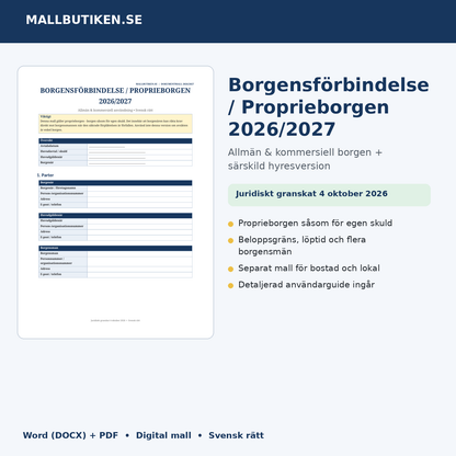 Borgensförbindelse proprieborgen 2026/2027 Word PDF svensk rätt