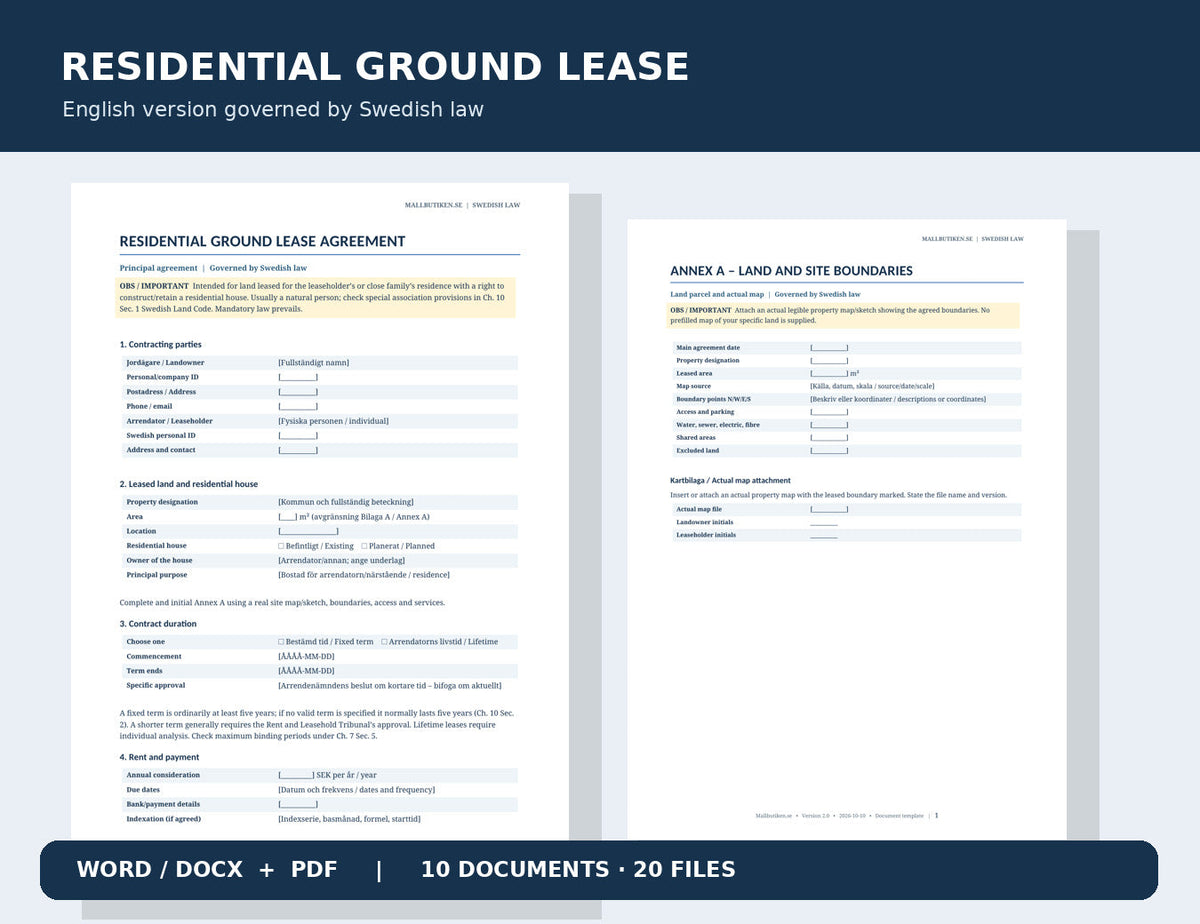 English reference residential ground lease according to Swedish law with site boundaries annex