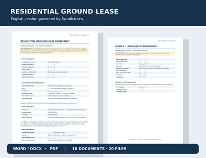 English reference residential ground lease according to Swedish law with site boundaries annex