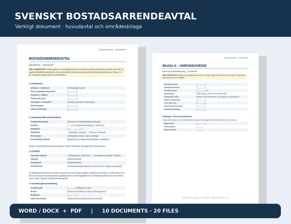 Faktisk förhandsvisning av svenskt bostadsarrendeavtal och bilaga om arrendeområdets gränser