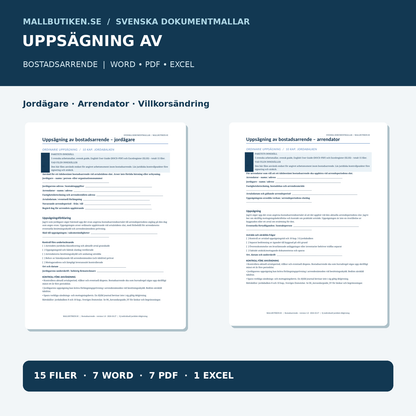 Uppsägning av bostadsarrende – Word/PDF/Excel-mallar med uppsägningsbrev för jordägare och arrendator