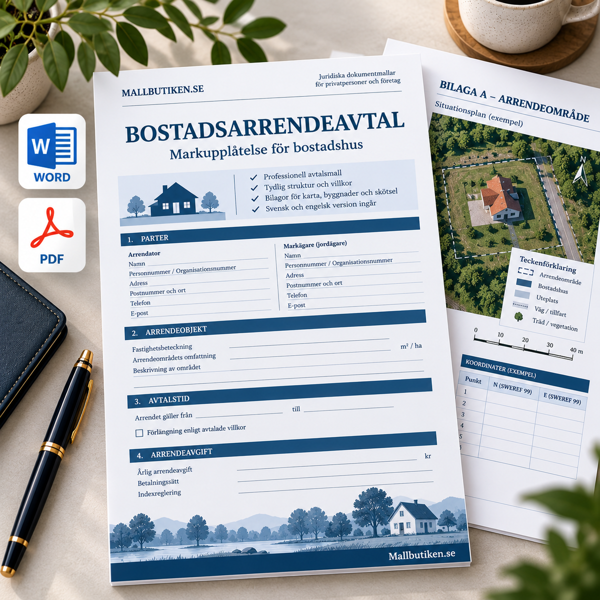 Bostadsarrendeavtal Word/PDF med svenska avtalsmallar och områdesbilaga för mark med bostadshus