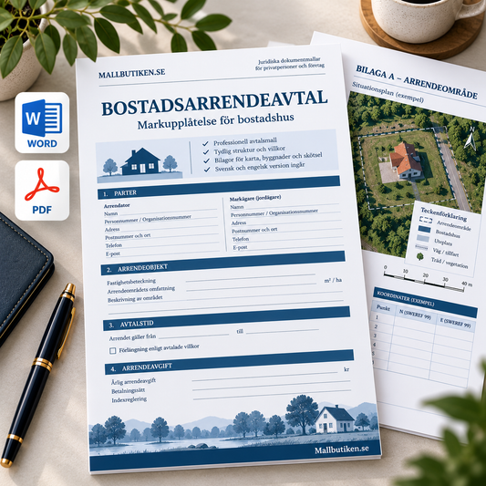 Bostadsarrendeavtal Word/PDF med svenska avtalsmallar och områdesbilaga för mark med bostadshus
