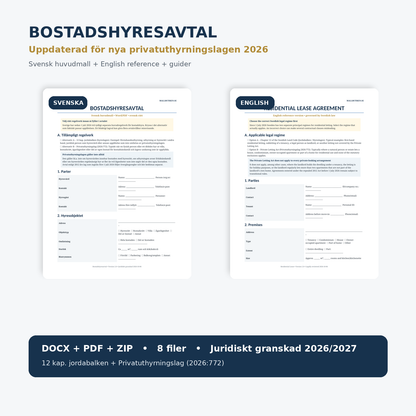 Bostadshyresavtal 2027 – Word/PDF med ny privatuthyrningslag, English reference och guider