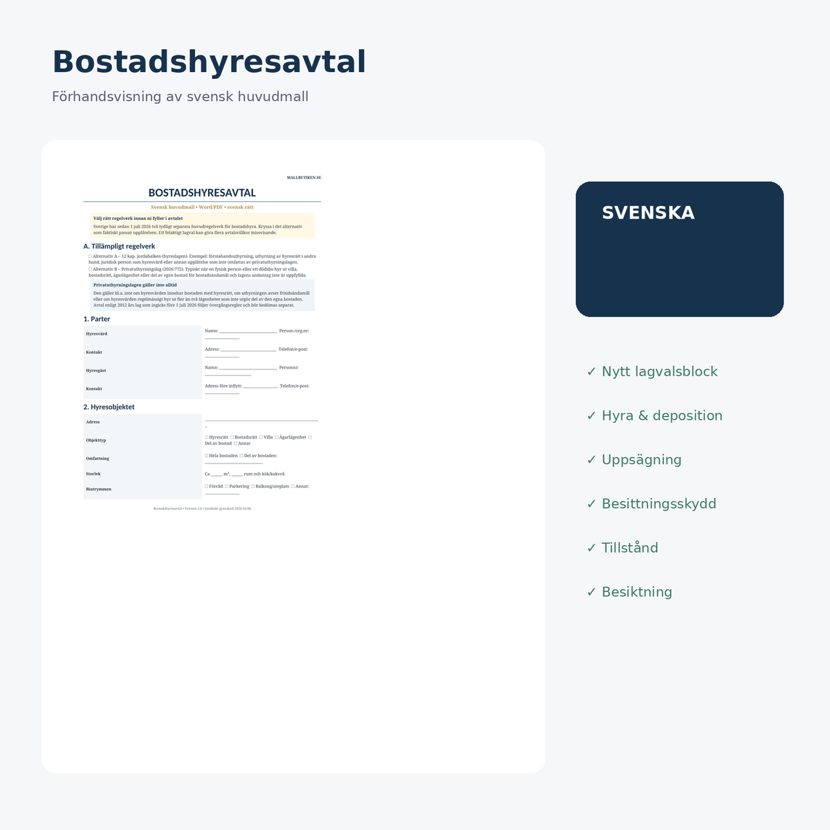 Förhandsvisning av svensk bostadshyresavtal mall enligt svensk rätt 2026/2027