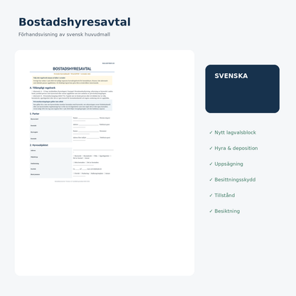 Förhandsvisning av svensk bostadshyresavtal mall enligt svensk rätt 2026/2027