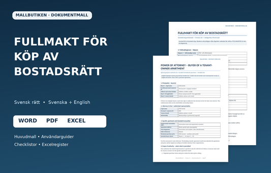 Fullmakt för köp av bostadsrätt – svensk och engelsk mall Word PDF Excel
