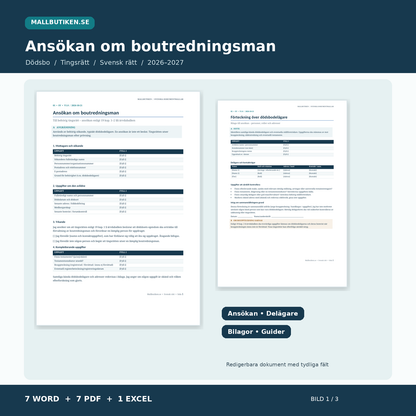 Ansökan om boutredningsman till tingsrätt – autentiska förhandsvisningar av Wordmall och delägarförteckning, Word PDF Excel