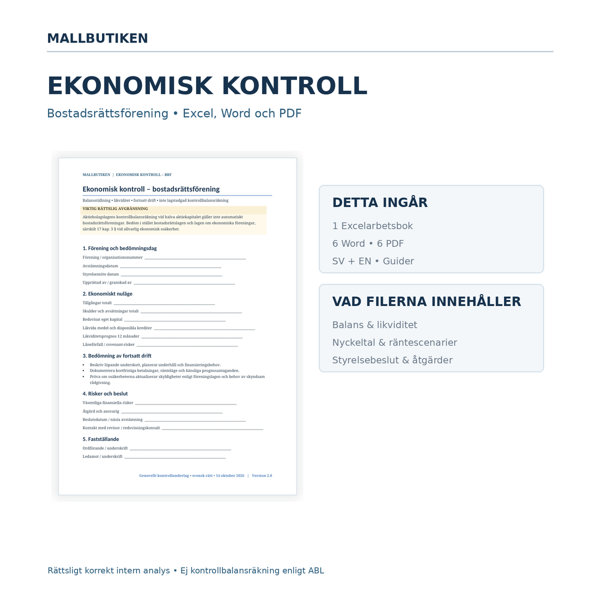 BRF ekonomisk kontroll i Excel Word PDF – svensk analysmall med paket- och innehållsöversikt