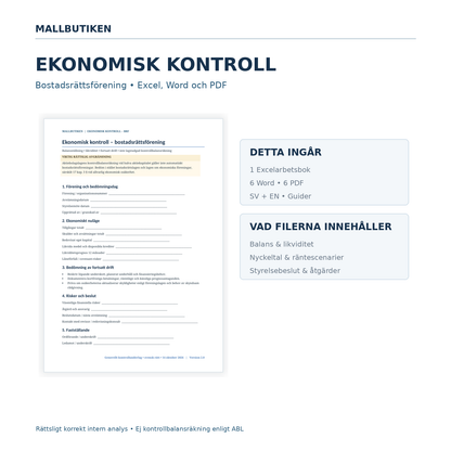 BRF ekonomisk kontroll i Excel Word PDF – svensk analysmall med paket- och innehållsöversikt