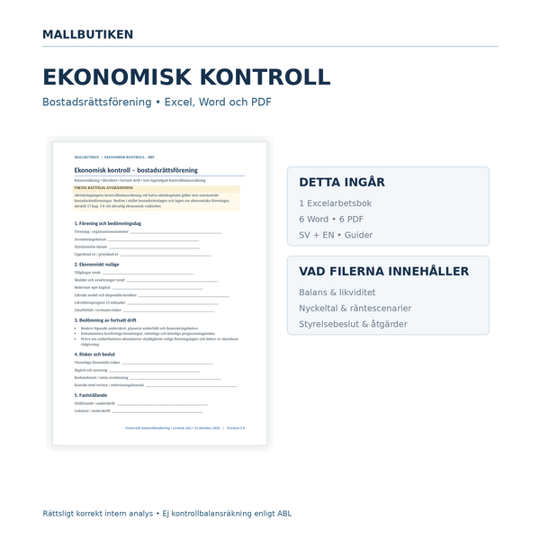 BRF ekonomisk kontroll i Excel Word PDF – svensk analysmall med paket- och innehållsöversikt