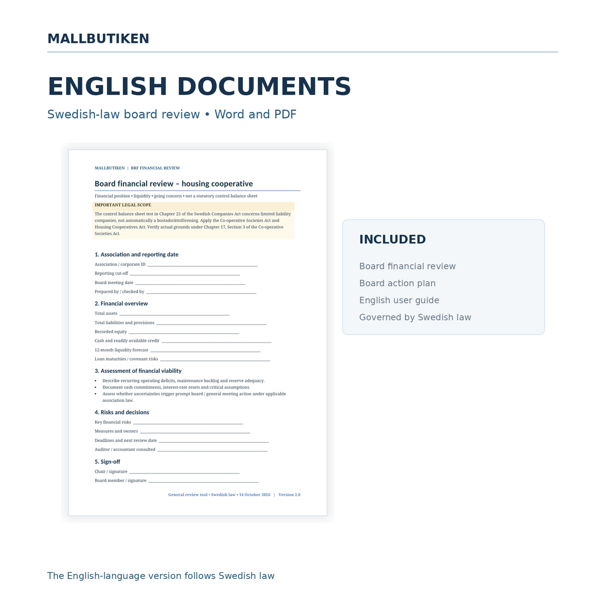 English financial review for housing cooperative Swedish law – actual document preview